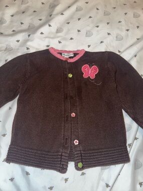 Polkatots Brown Knit Kids Cardigan with Pink Butterfly Accent 4T